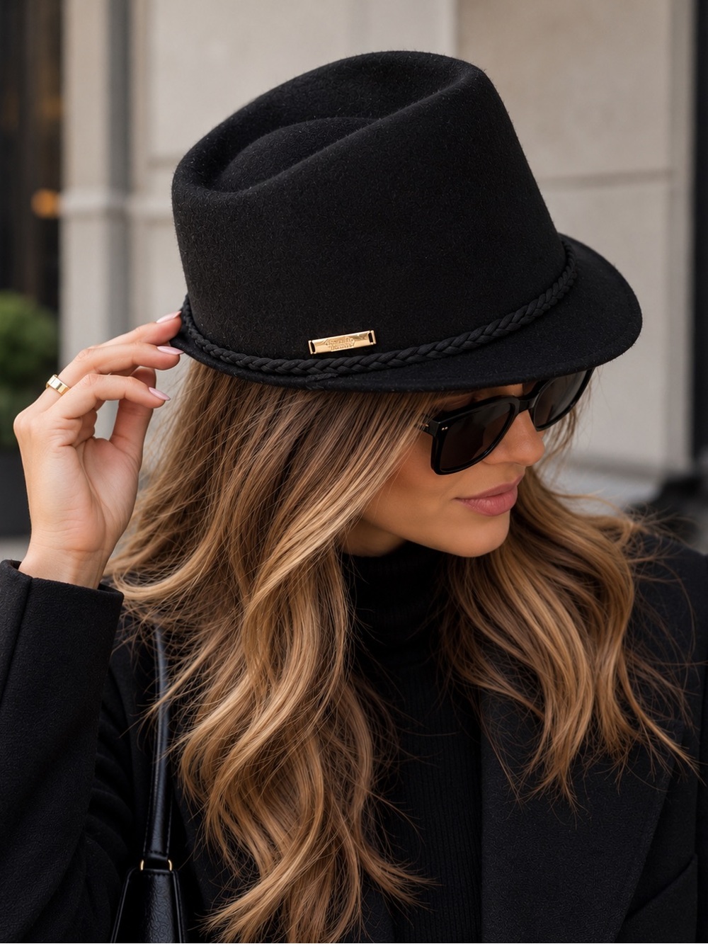 NWT Laundry by Shelli Segal Black 100% Wool Asymmetrical Fedora Hat One Size